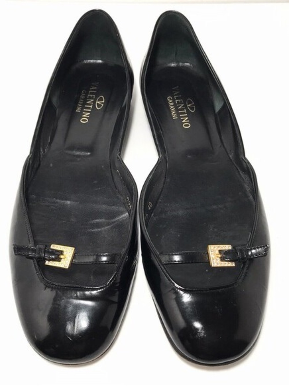 Valentino Garavani Black Patent Leather Crystal Buckle Ballet Flats